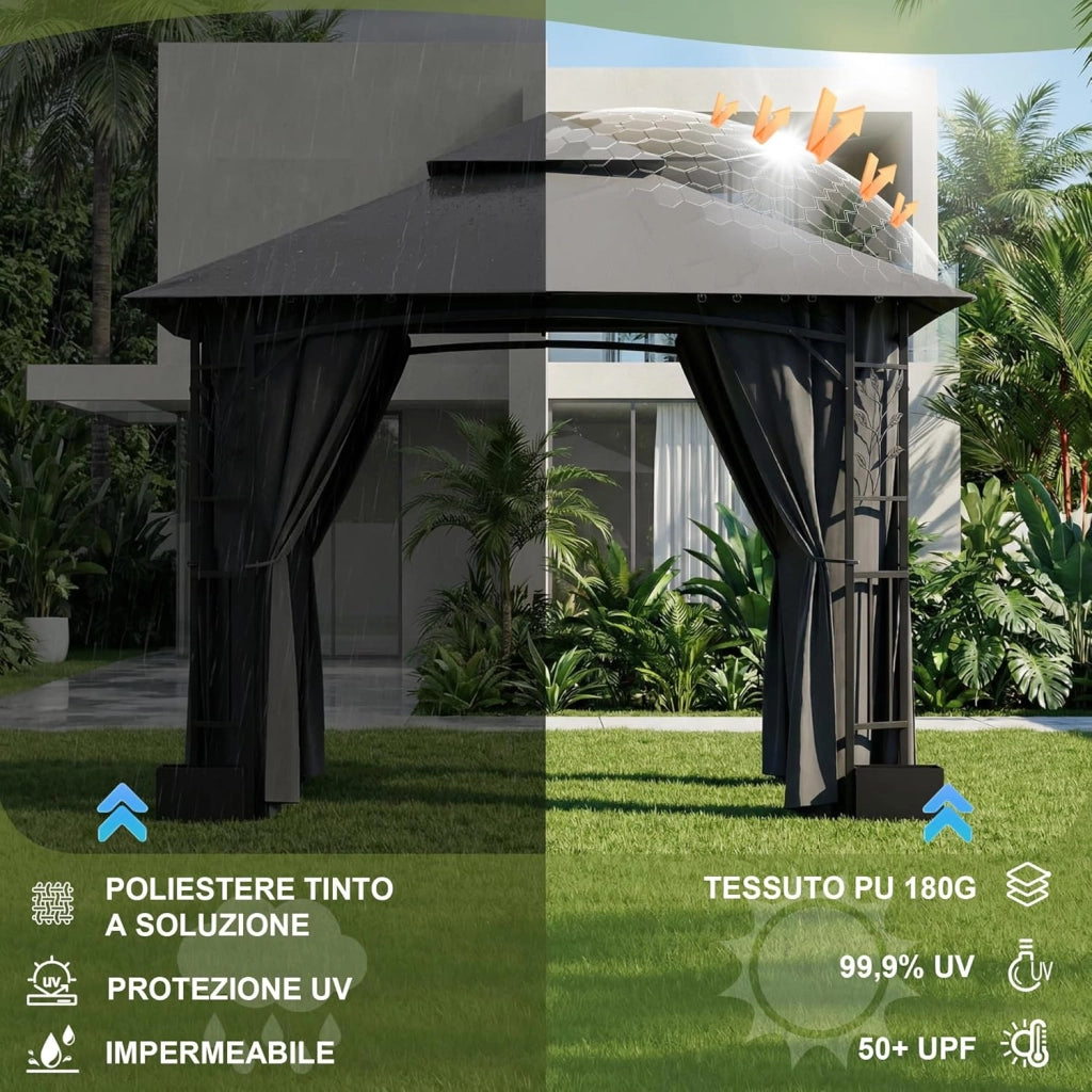 Gazebo Esterno Resistente 3.3x3.3 m con 4 Vasi per Fiori - Gazebo da Giardino in a Doppio Tetto Aerato, Struttura Fogliata, Tende Rimuovibili, Protezione UV & Impermeabile per Esterno
