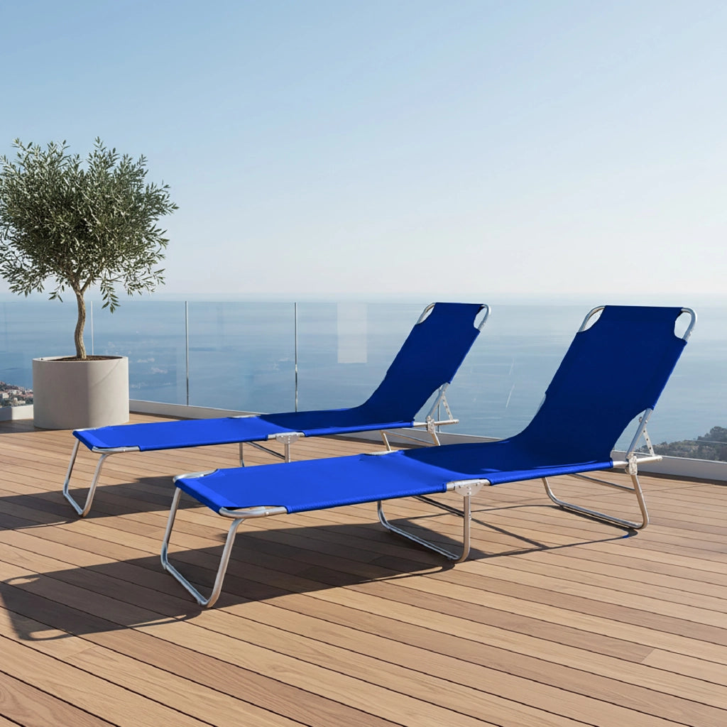 Coppia Lettini Prendisole Pieghevoli in Metallo  Reclinabili 4 Posizioni, Waterproof e Anti-UV, Portata 110 kg, Ideali per Mare Giardino Piscina Blu