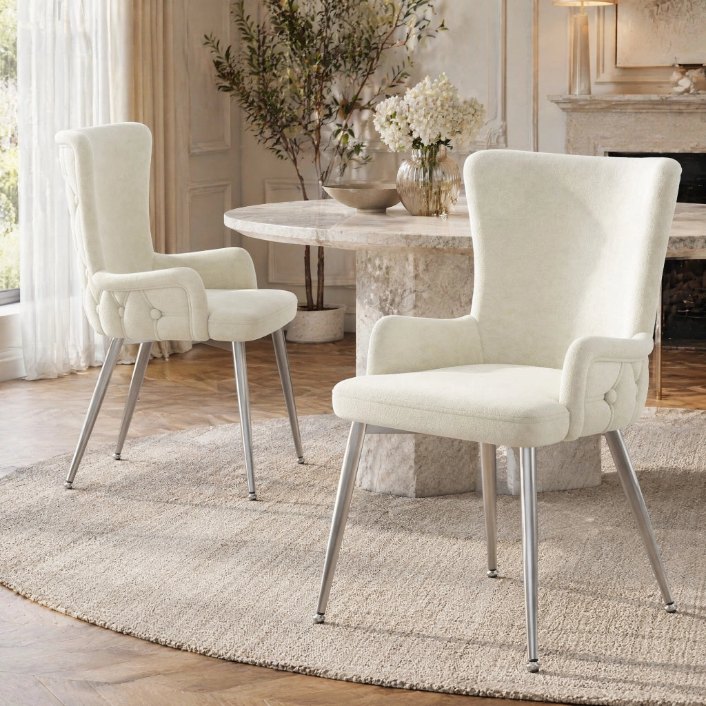 Set di 2 sedie da pranzo in velluto beige con gambe in metallo argento, stile moderno