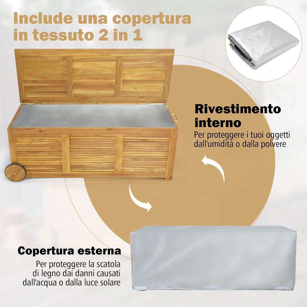 Baule da Esterno con Ruote 182 L, Contenitore da Giardino con Maniglia Laterale, Panca Contenitore in Legno, per Interni e Esterni, 127 x 50 x 45 cm (Modello 7)