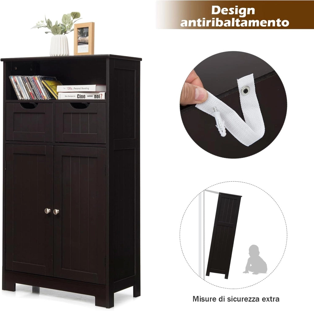 Armadietto Terra da Bagno Mobile Autoportante, Mobiletto Ufficcio Multiuso, con Cassetti e Ripiani, Ampio Spazio, Legno (Marrone)