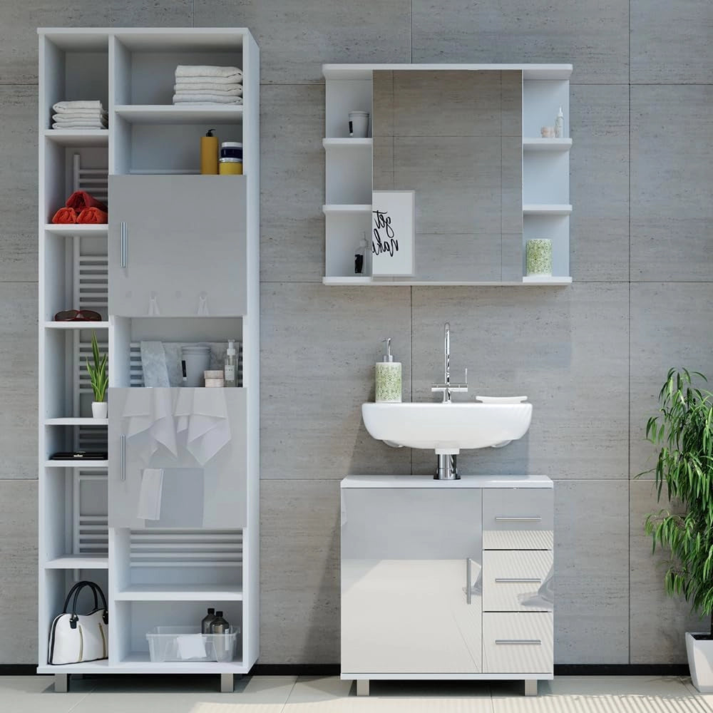 Set mobili bagno Ilias, Bianco lucido, 60 cm, composto da mobile sottolavabo, specchiera e colonna alta