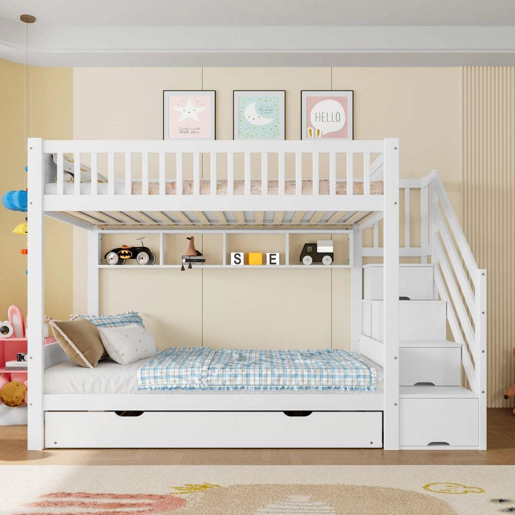 OKWISH Letto a Castello 90×200 cm, Letto 3 Posti con Letto Estraibile, Armadio e Mensole, senza Materasso, in Pino, Bianco