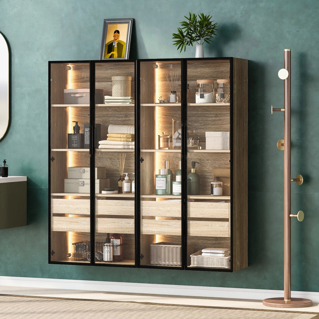 Set di 2 armadi contenitori in MDF con ante in vetro satinato e LED; naturale