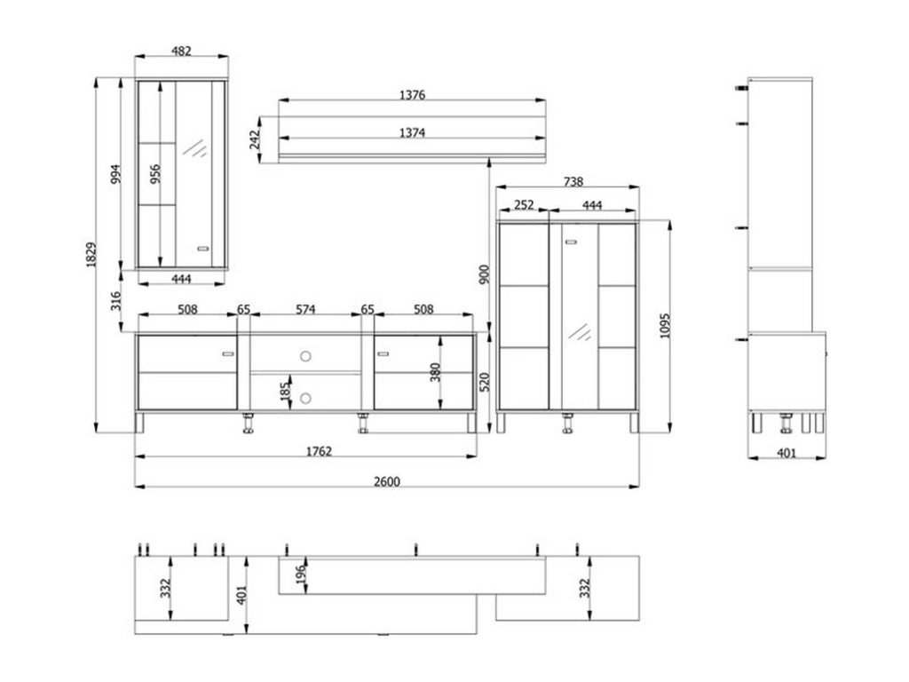 Mobile Soggiorno Albese, Parete Attrezzata Modulabile, 260x40x183h cm Bianco Opaco