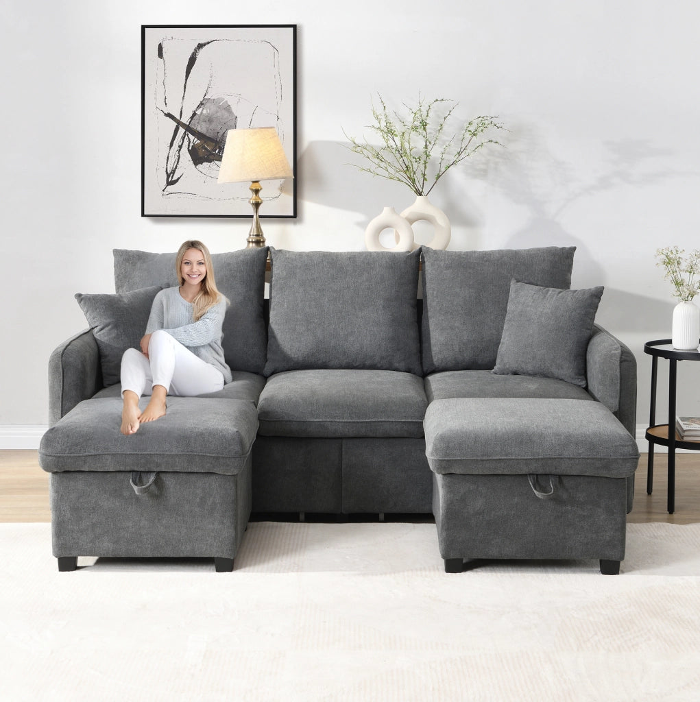 Divano angolare con 2 pouf contenitore; funzione letto; schiuma; grigio scuro