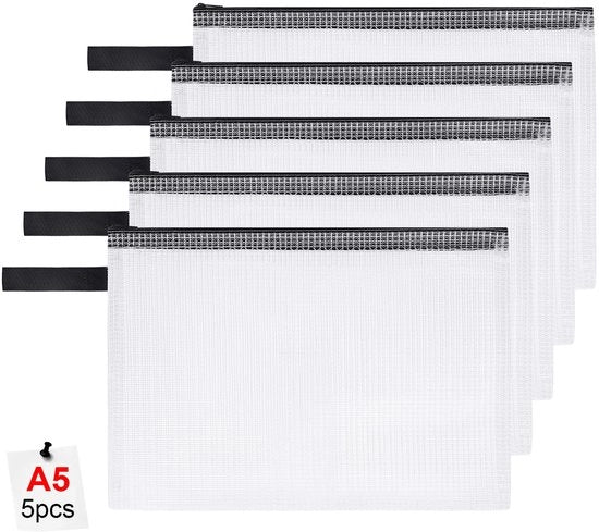 Documenti A5 con cerniera, 5 pezzi, dossier acqua-resistente con cerniera, borse dossier in plastica per documenti, carta e cosmetici