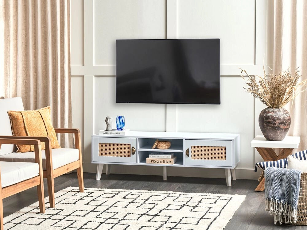 Mobile TV 2 ante 2 scaffali in MDF colore bianco e beige stile boho retrò soggiorno