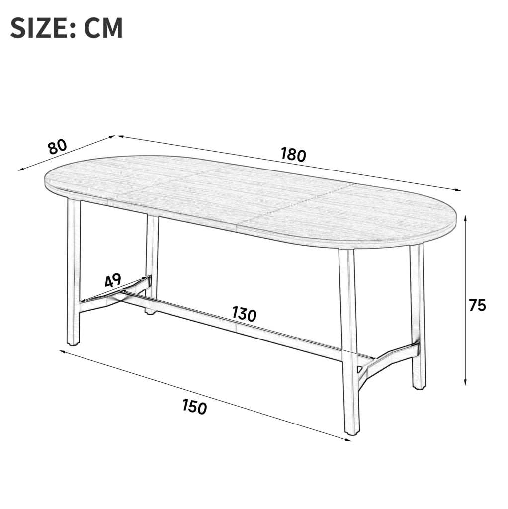 Tavolo da pranzo 180x80 cm con angoli arrotondati; struttura stabile in ferro e MDF; noce