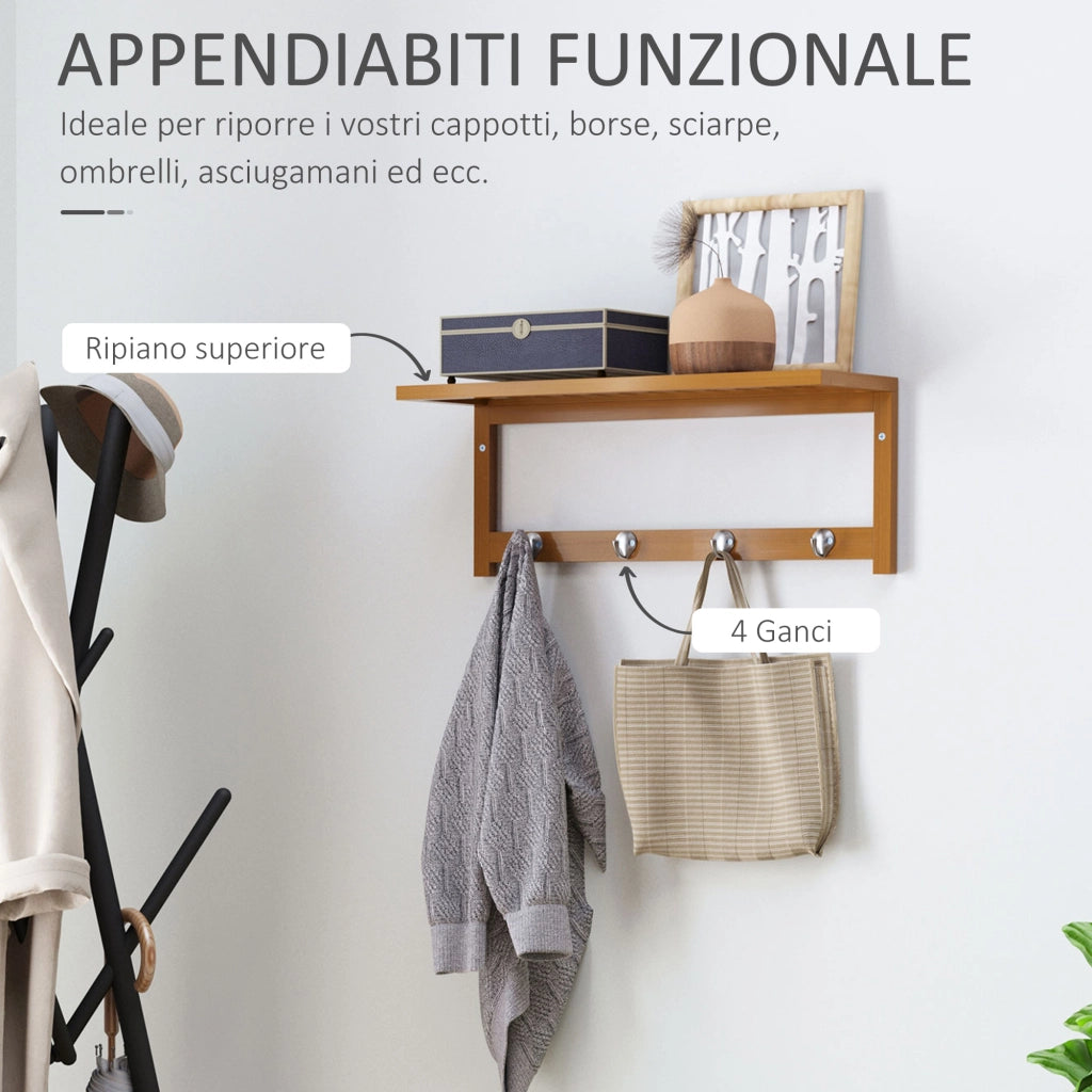 EasyComfort Appendiabiti con Mensola Attaccapanni a Parete con Ripiano Bambù 50 × 16 × 17.5cm