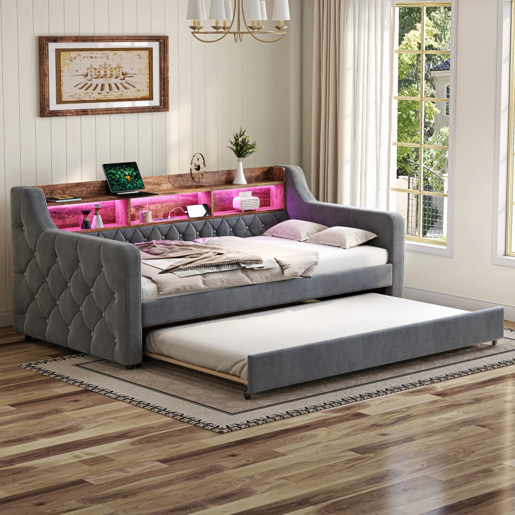 Letto estraibile 90 × 190 cm con contenitore, USB Type-C e LED regolabile, senza materasso, in velluto grigio scuro