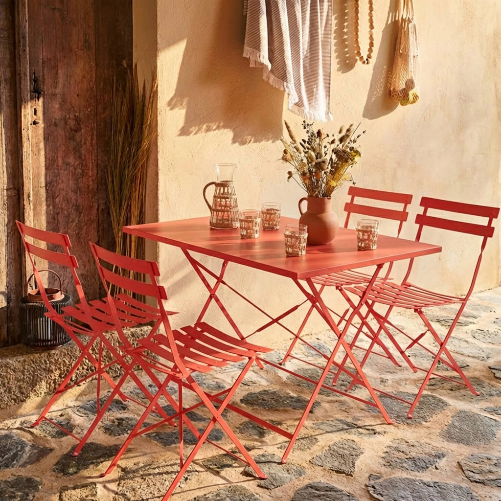 Set tavolo da giardino pieghevole in acciaio con 4 sedie, 110cm,