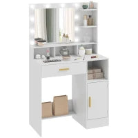 Tavolo da Trucco con Specchio e 10 Luci LED, Luminosità Regolabile, Cassetto, Armadietto e Mensole Aperte, 80x40x135cm, Bianco