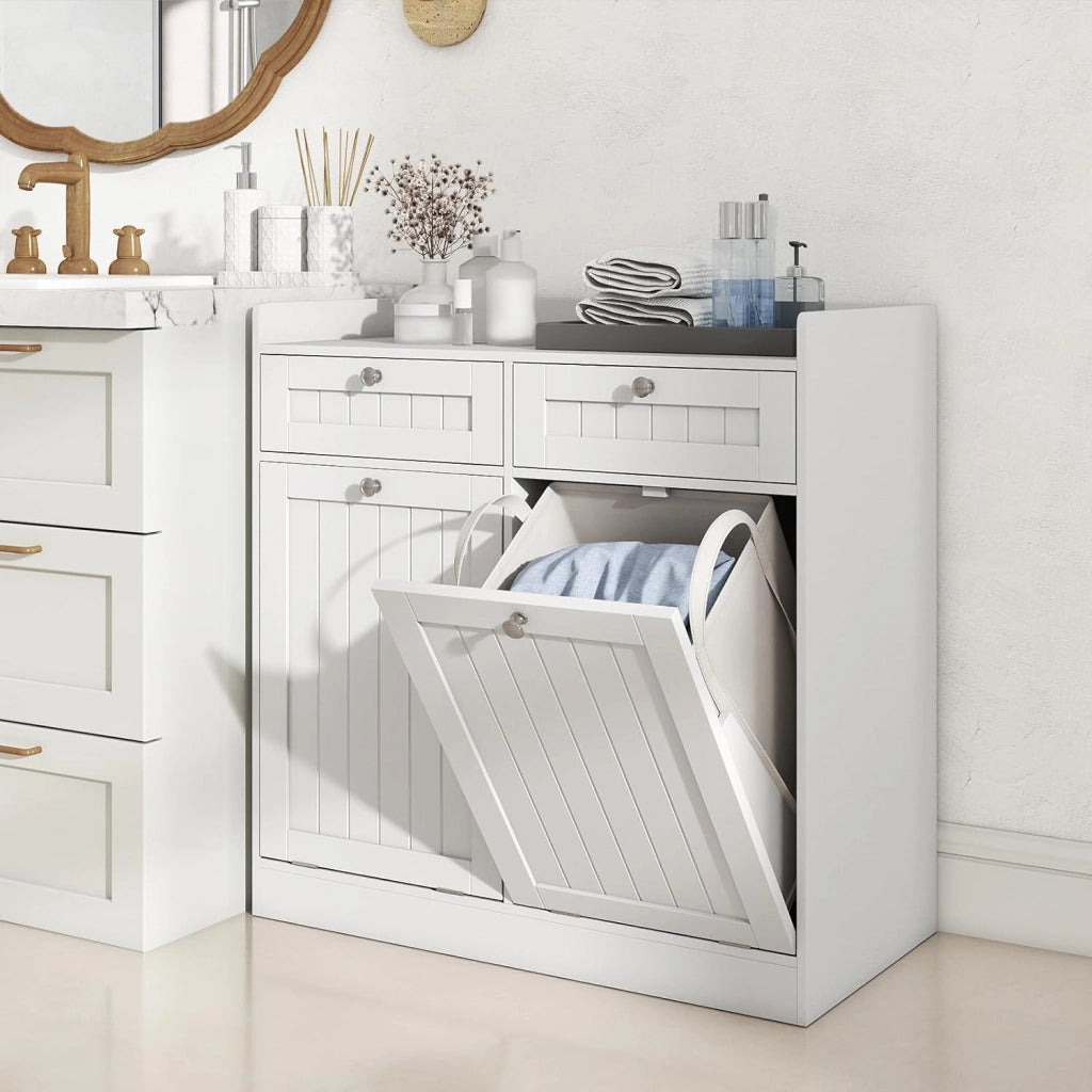 Mobiletto per Biancheria con 2 Cesti Ribaltabili, Mobile da Bagno Indipendente con Ripiano, 2 Cassetti e 2 Sacchi Porta Biancheria Rimovibili, Armadietto in Legno per Bucato (79 x 40 x 80 cm)