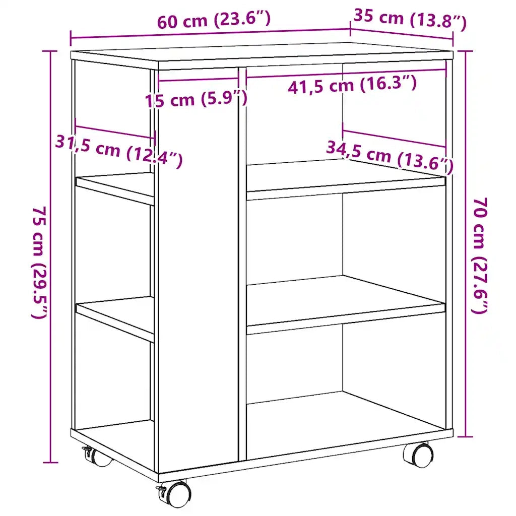 Mobiletto con Ruote Legno Antico 60x35x75 cm Legno Multistrato 856656