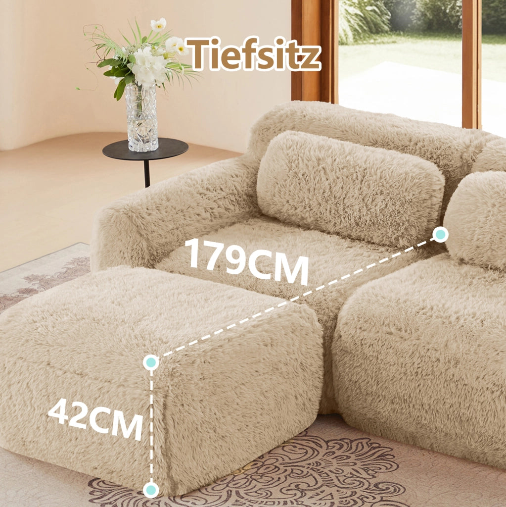 Divano modulare angolare 204x179x73 cm in tessuto plush cachi chiaro; senza montaggio