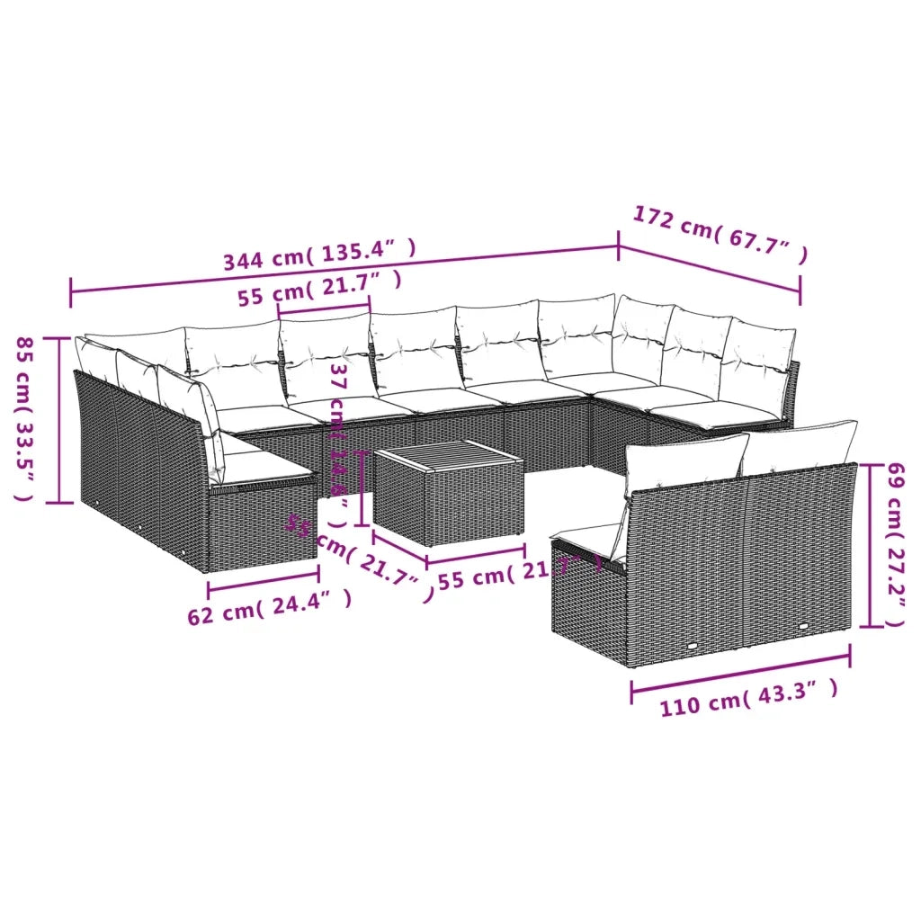 Set Divani da Giardino 13pz con Cuscini Nero in Polyrattan 3256224