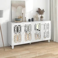 Credenza Bianca con Specchio e Maniglie di Cristallo, 4 Ante, Ripiano Interno Mobile, Design Coordinato, Perfetto per Soggiorno e Sala da Pranzo, Bianco