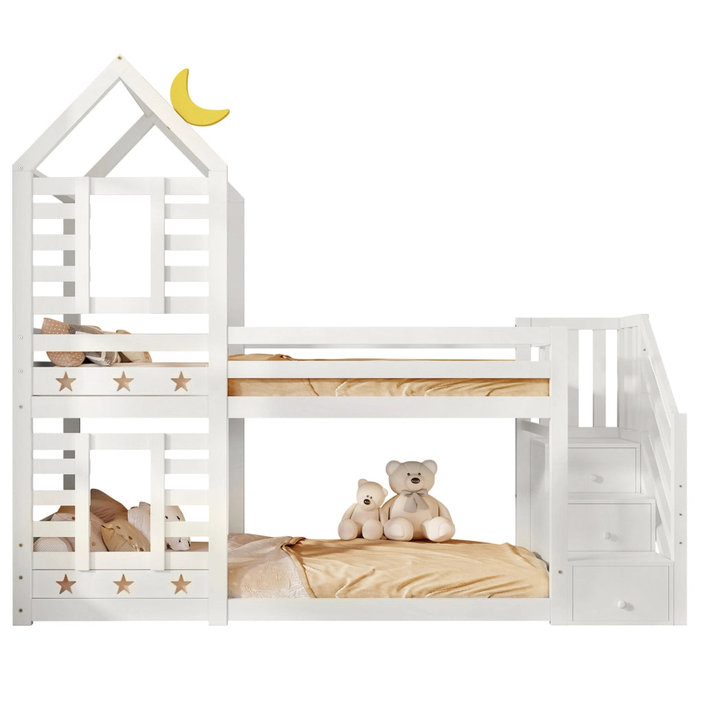 Letto a castello a casetta con scala contenitore e cassetti; 90x200 cm in legno bianco