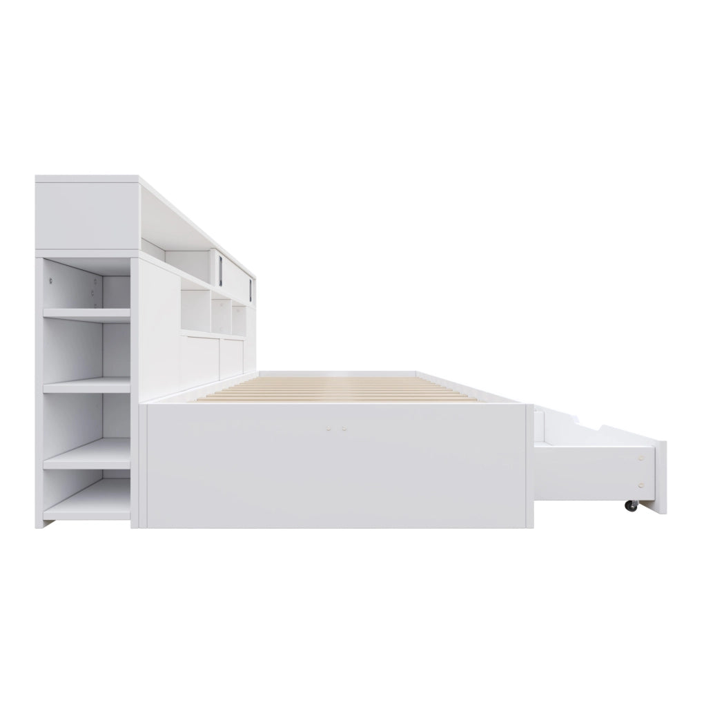 Letto multifunzione con cassetti e contenitori, 140x190 cm, bianco