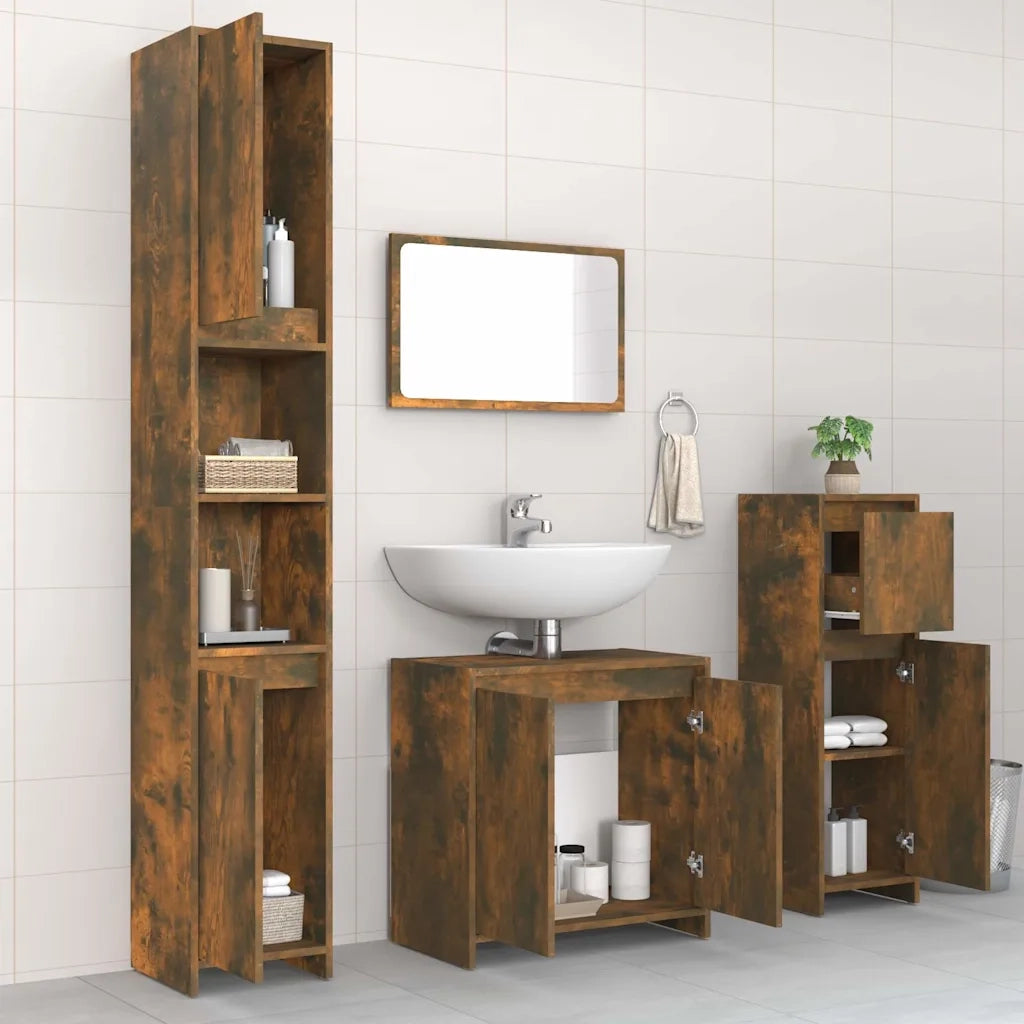 Set Mobili da Bagno | Armadio da bagno 4 pz Rovere Fumo in Legno Multistrato