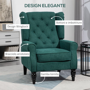 Poltrona per Salotto in Stile Francese 74x86x102 cm Rivestimento Effetto Lino Verde Scuro