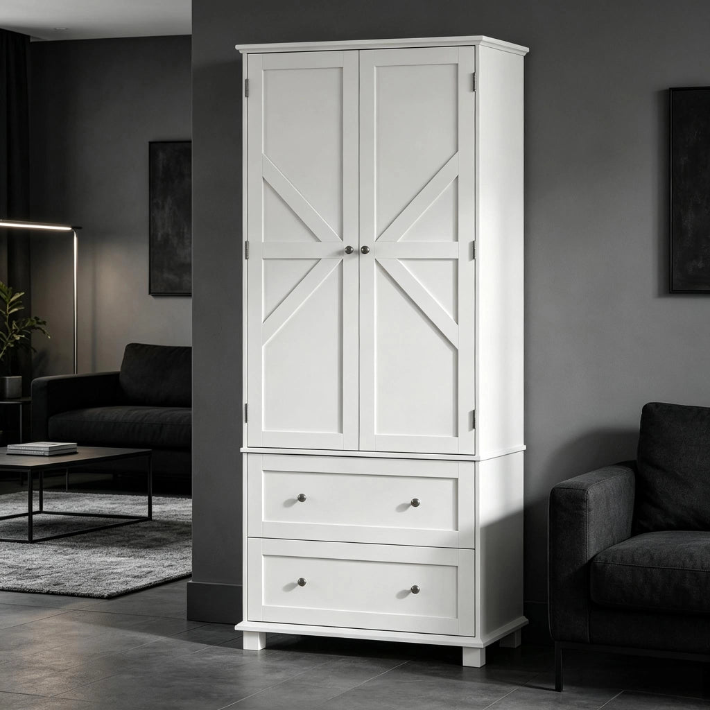 Credenza alta con 2 ante, 2 cassetti e ripiani regolabili - per cucina - 80×39.5×184.5 cm - bianco