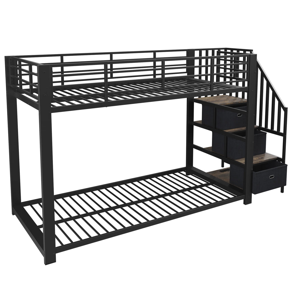 Letto a castello 90x200 cm con scala contenitore; LED e prese in MDF e metallo nero