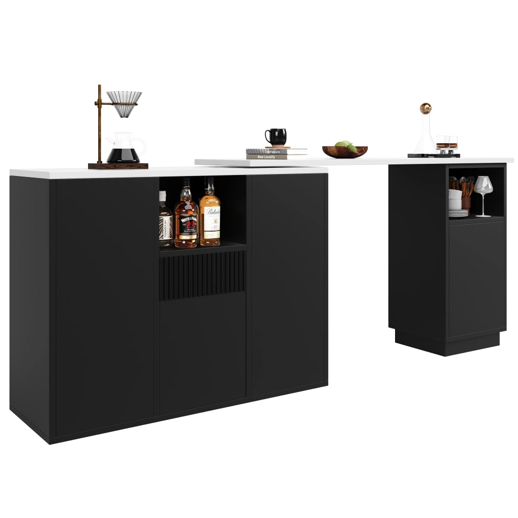 Mobile Bar Girevole 360° con Vani Aperti e Chiusi; Piano Effetto Marmo per Cucina e Soggiorno; in MDF; Nero; 210x30x100.9 cm