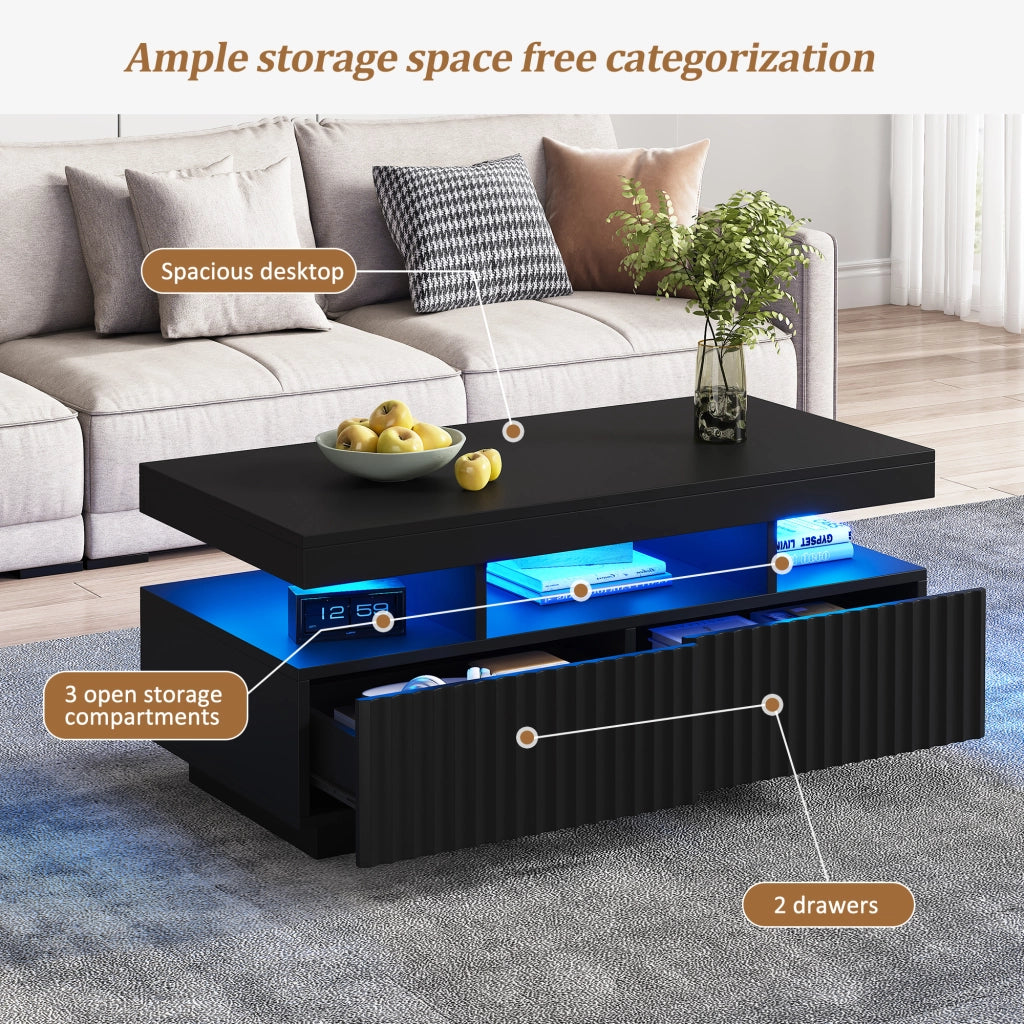 Tavolino basso con 2 cassetti e vano aperto led controllato da app per soggiorno in truciolato nero 100 × 50 × 45 cm