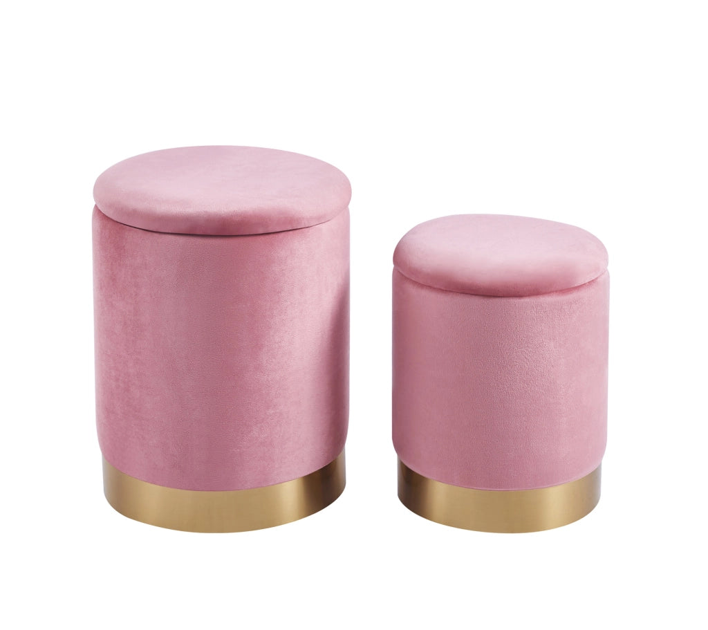 Set Di 2 Pouf Contenitore In Velluto Design Moderno Poggiapiedi,Sgabello Tondo con Coperchio Rimovibile e Seduta Imbottita Alta Densità Con Fascia In Metallo Capiente Storage Box  - Rosa Antico