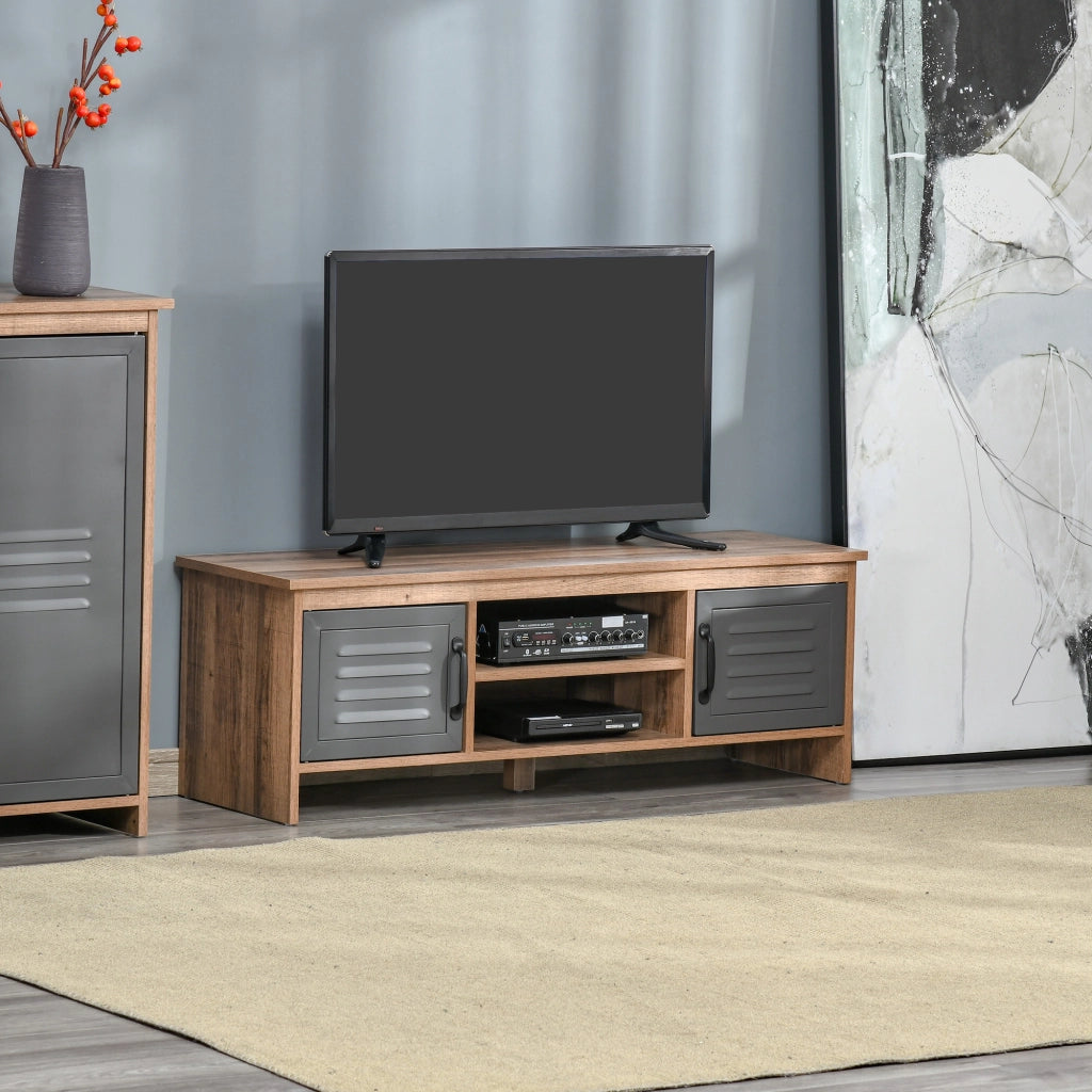 Mobile TV con ante metalliche e ripiani aperti ¨C Zephmum ¨C 109x35x38 cm Legno Naturale e Grigio