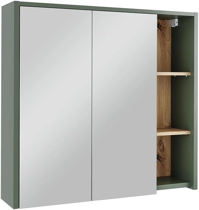 Mobile a specchio per bagno Viola, Verde/Artigianale, 80 x 75 cm con ripiani aperti, per montaggio a parete con specchio integrato e ripiani