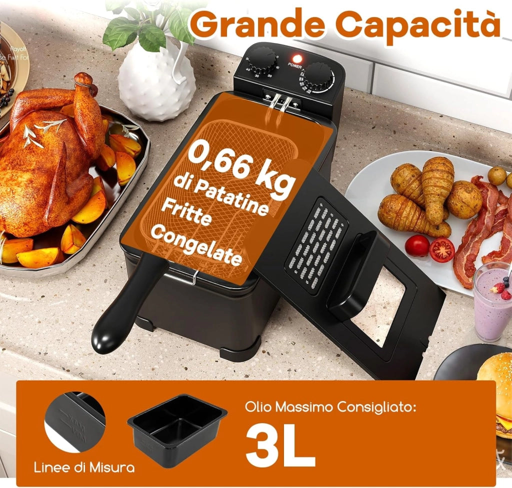 Friggitrice ad Olio 3 L, 1700W Friggitrice Elettrica Professionale con Cestello Estraibile, Coperchio con Finestra, Timer e Termostato Regolabile 149-190°C