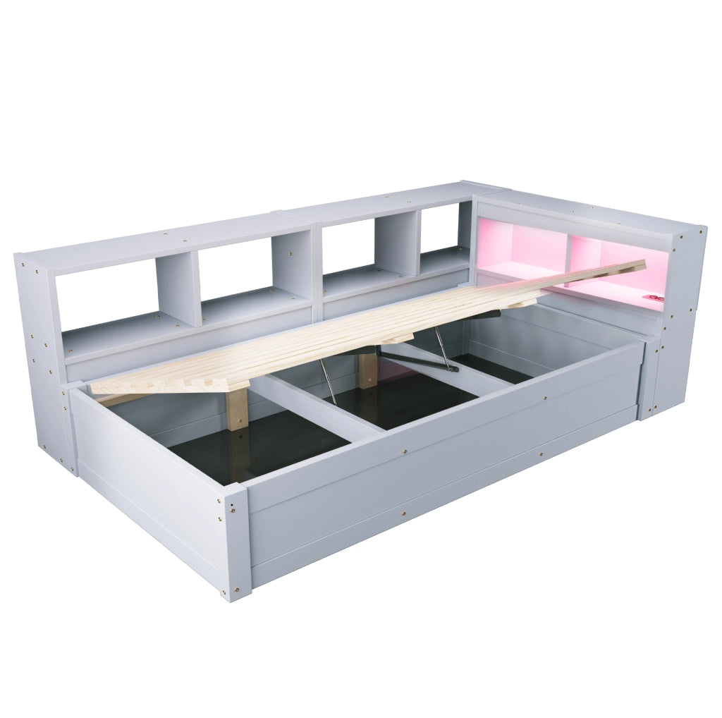 Letto multifunzionale 90x200 cm con LED, presa integrata e vano contenitore