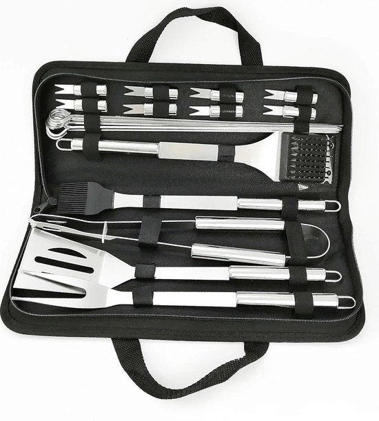 Kit di attrezzi per griglia BBQ in acciaio inossidabile 20 pezzi + set di supporto - Spazzola per griglia Spatel Borsetta per pulizia Forchetta per carne - Per picnic campeggio cucina grigliata