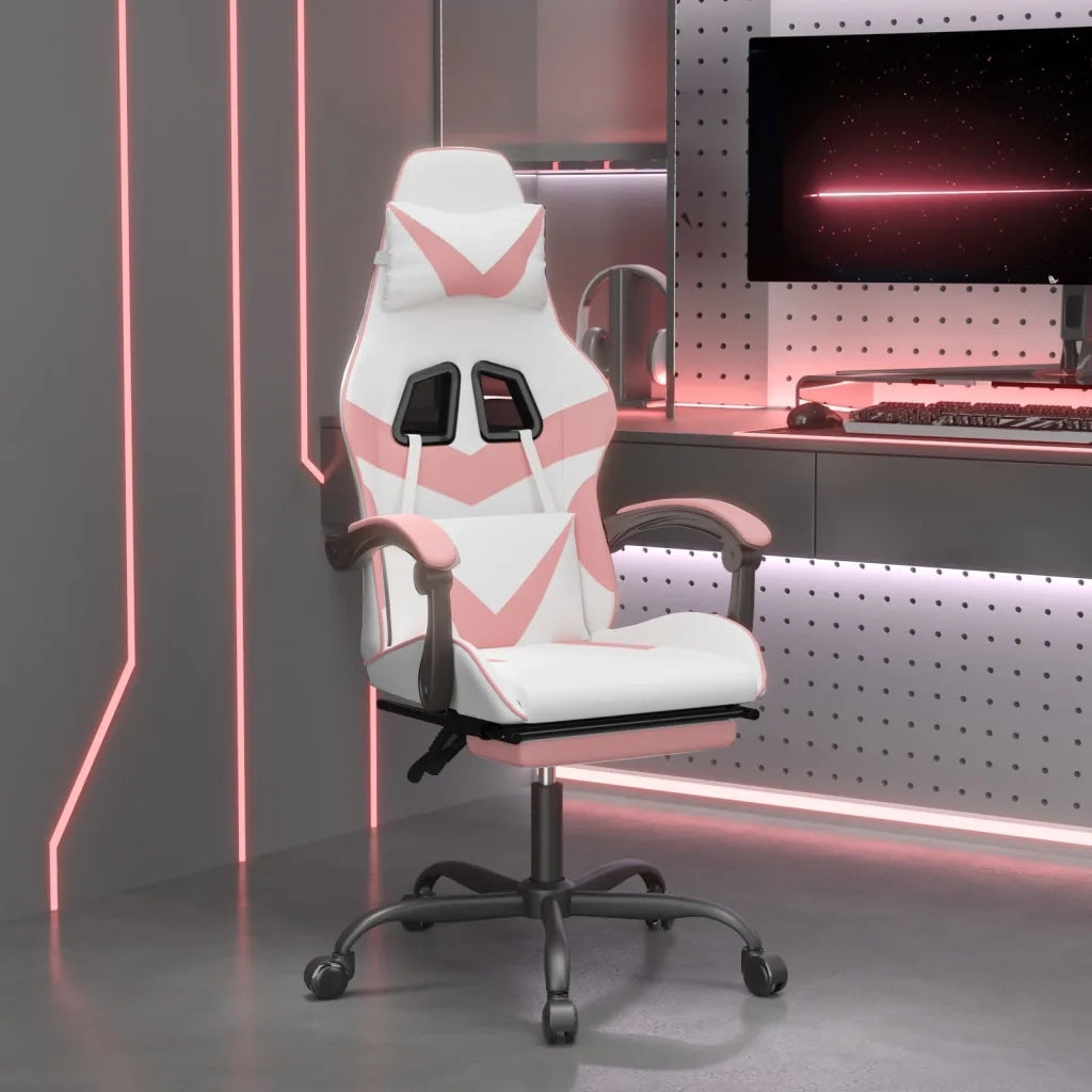 Sedia da Gaming | Sedia da e-sports con Poggiapiedi Bianco e Rosa in Similpelle