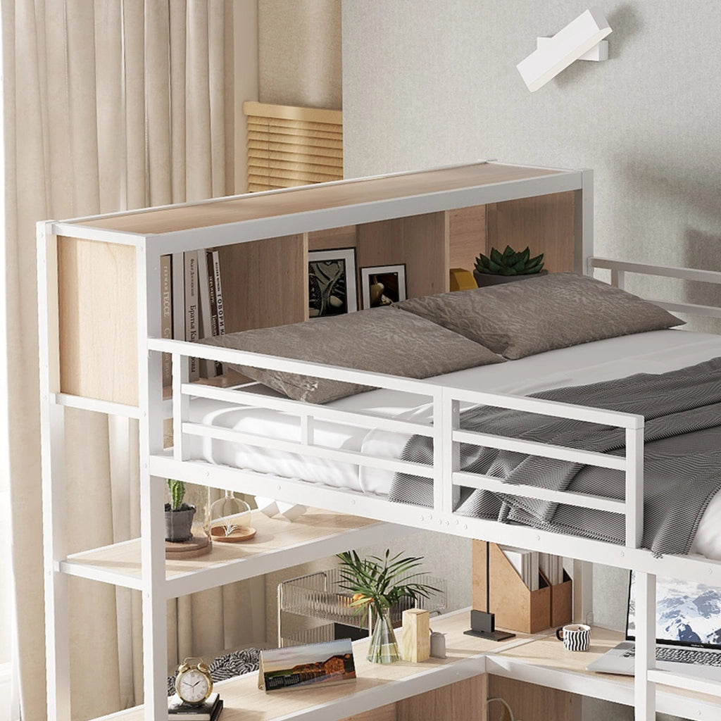 DESMIU Letto a soppalco letto matrimoniale con scrivania, doppio vano, armadio e scala 140 × 200 cm senza materasso
