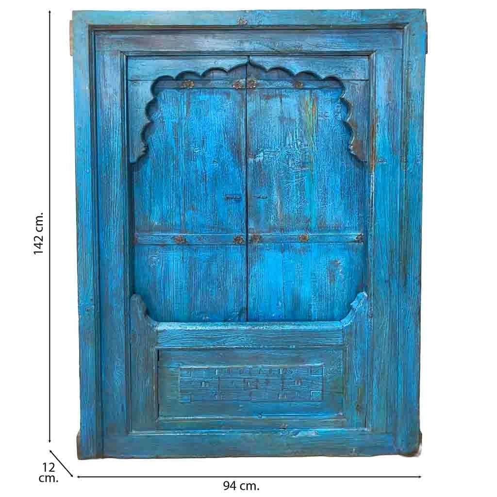 Finestra in legno blu fatta a mano 94x12x142 cm