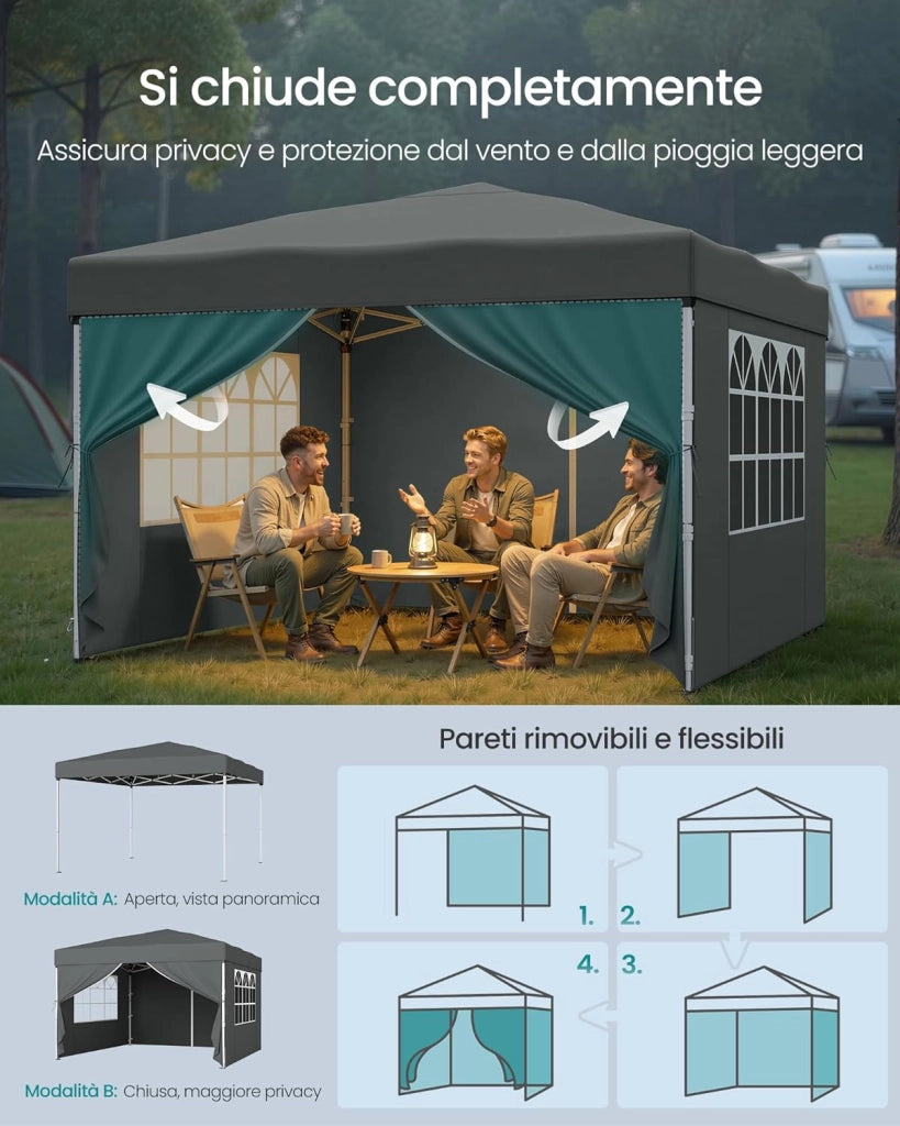 SONGMICS Gazebo, Tendone Pieghevole, Protezione Solare, Resistente alla Pioggia Leggera, Portatile, con Pareti Laterali, per Cortile, Giardino, Mercato, 3 x 3 m, Grigio Scuro GCT104GZ01