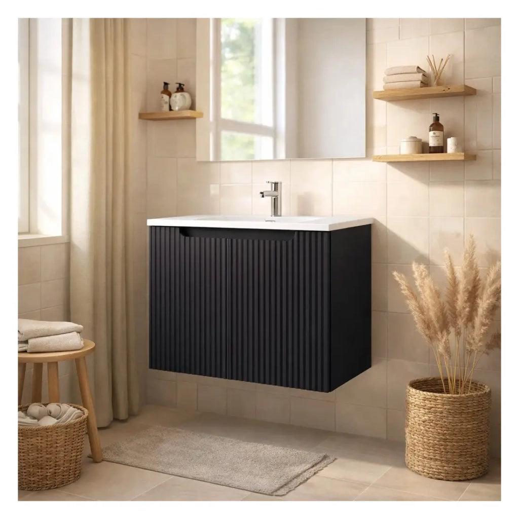 Set bagno VANO 60cm: mobile sottolavabo con ante a scanalature verticali + lavabo incassato bianco