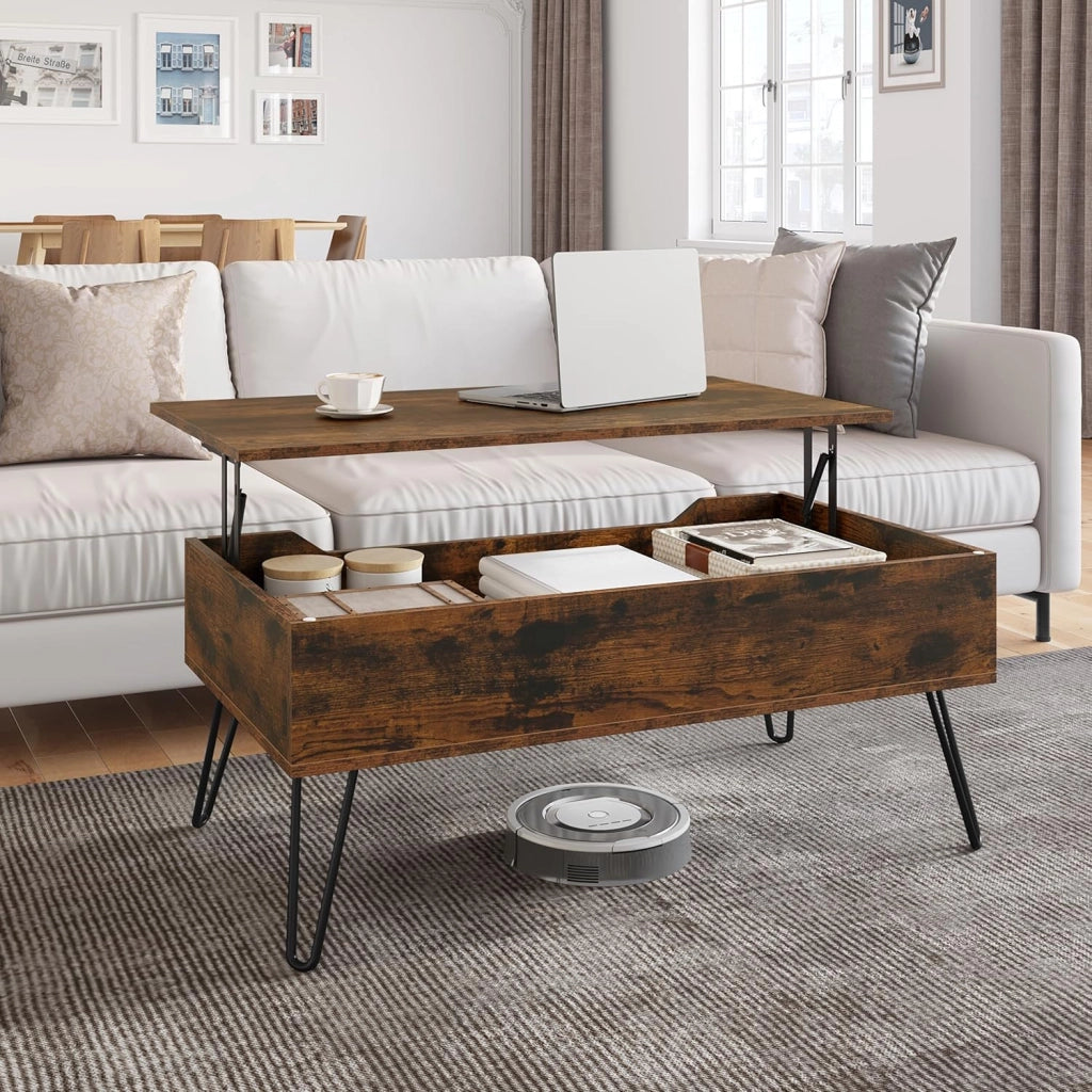 WOLTU Tavolino da Salotto, Tavolino da Caffè Sollevabile, con Scomparto Nascosto, Stile Industriale, 95x50x(40-55,5) cm, Marrone Rustico + Nero