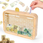 Cassa di risparmio in legno con finestra di osservazione - moderna - 1 pezzo - 10.000 euro obiettivo