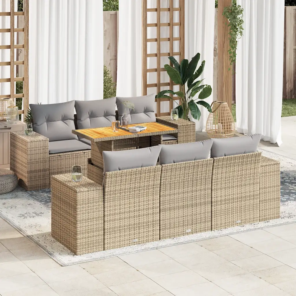 Set Divani da Giardino 7 pz con Cuscini Beige in Polyrattan