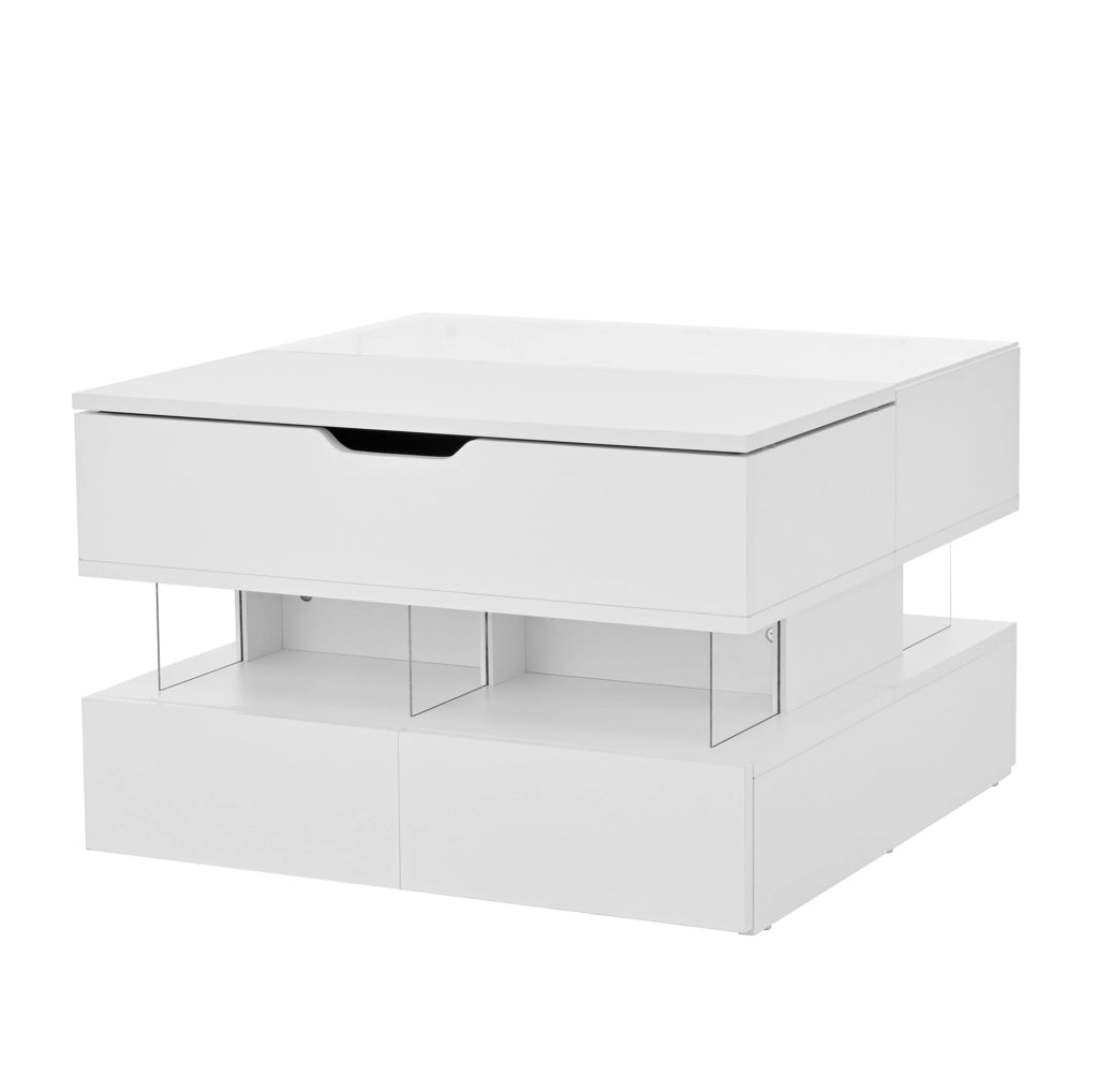 Tavolino da salotto con piano sollevabile 70 x 67 x 57 cm; LED 16 colori; vetro; bianco