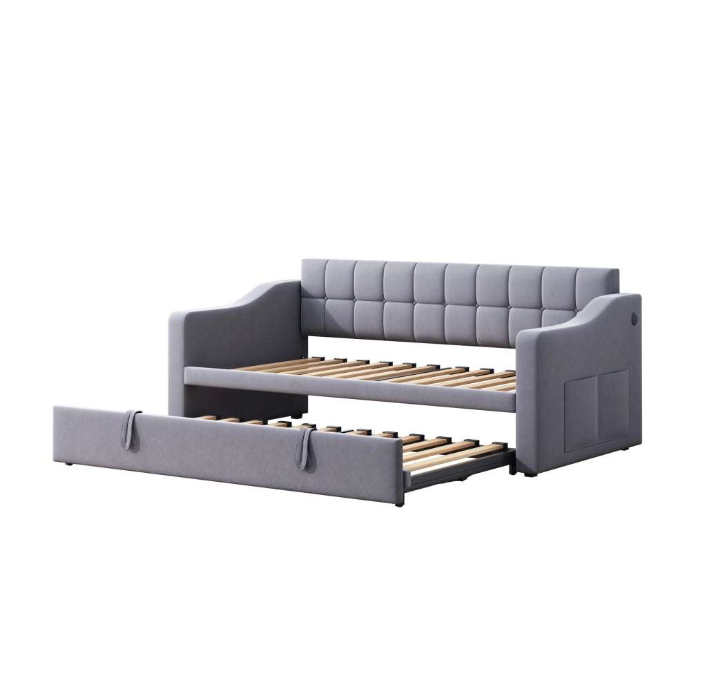 Letto imbottito 90x190 cm grigio in velluto con USB e rete estraibile