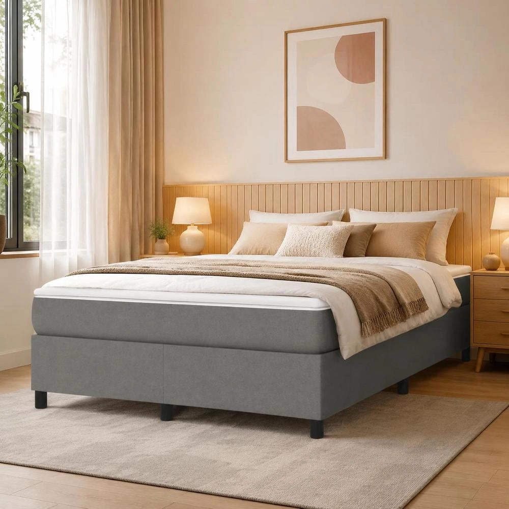 Box Spring Bed Frame, Dark Grey, 140x190 Cm, Fabric