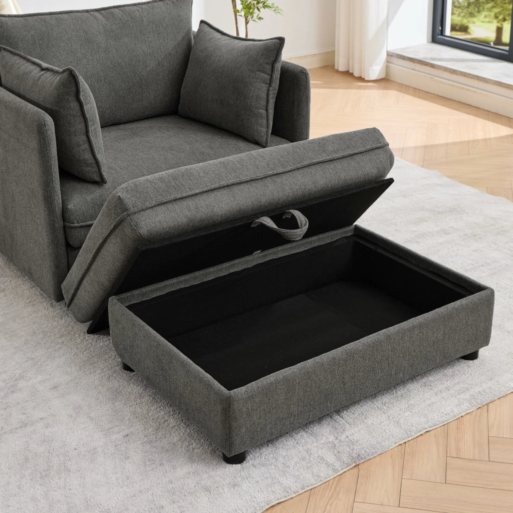Poltrona lounge singola modulare con pouf contenitore in velluto grigio