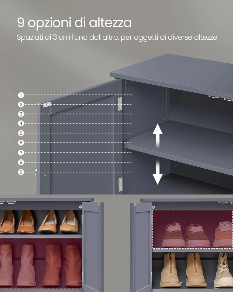 VASAGLE Mobiletto Porta Scarpe, Scarpiera a 3 Livelli, Organizzatore per Calzature, Armadio Country Moderno, con Ripiano Regolabile in Altezza, 35 x 80 x 70 cm, Ingresso, Grigio Ardesia LBC044G01
