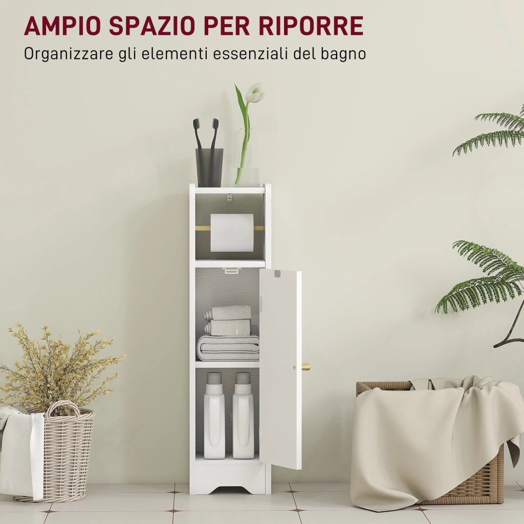 Mobile Porta Carta Igienica 21x20x79 cm con Armadietto con Ripiano Interno Regolabile in Legno Bianco